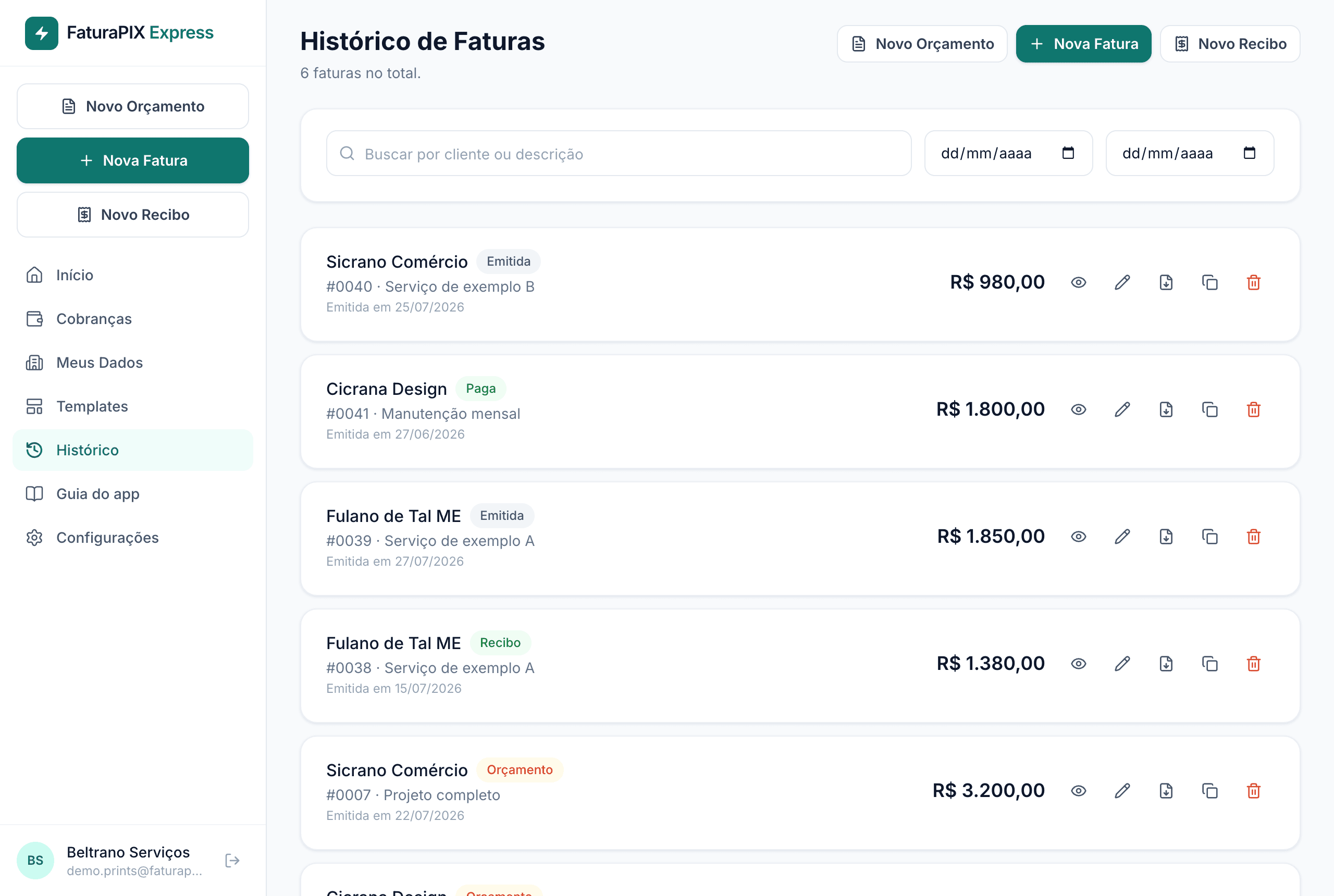 Histórico com a lista de faturas, orçamentos e recibos emitidos