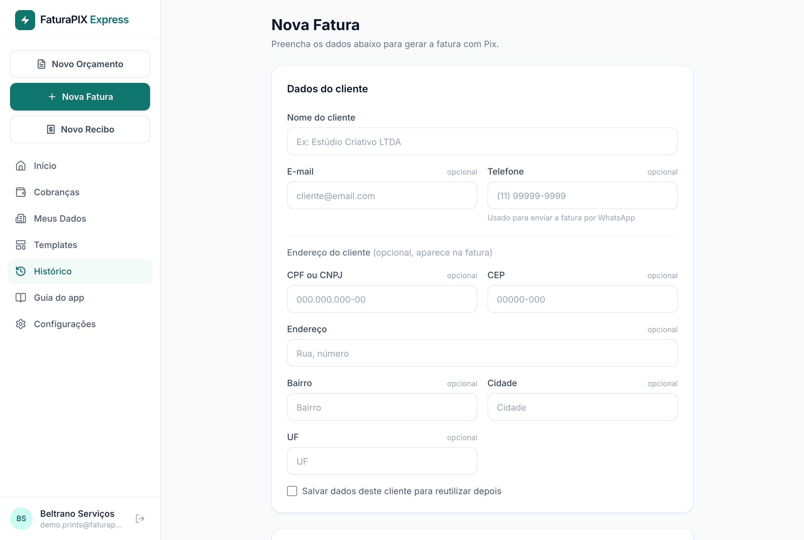 Tela de nova fatura, com os dados do cliente e a lista de itens