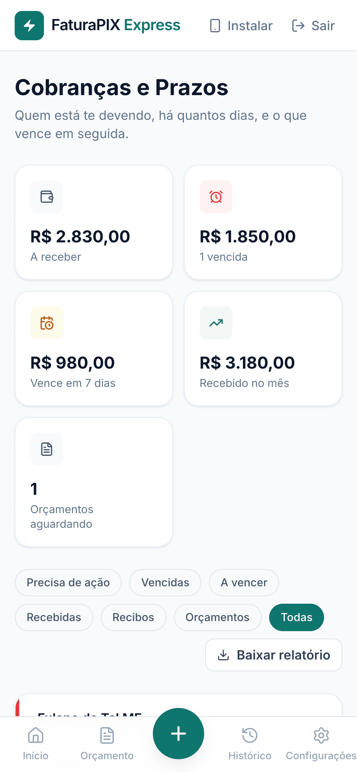 O painel de cobranças aberto no celular